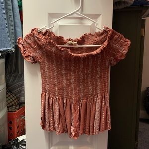 Off the shoulder deep pink/red floral print top